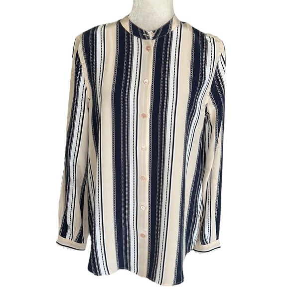 Equipment Henri Silk Striped Button Down Blouse in Bright White & Nude Multi - S - Picture 5 of 14